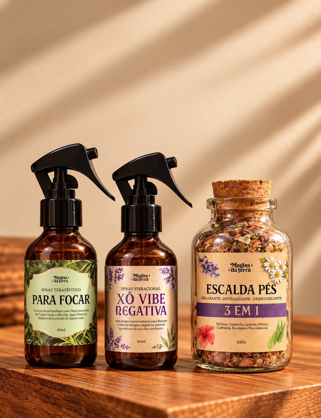 Seleção de sprays terapêuticos e escalda-pés naturais